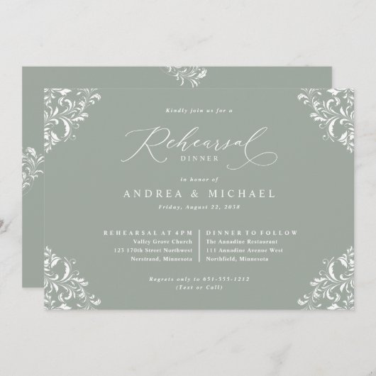 セージグエレガントリーン結婚のリハーサルディナー 招待状 (正面/裏面)
