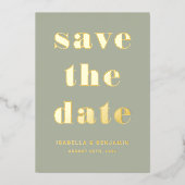 セージグエレガントリーン金ゴールド結婚式の日付カードを保存 箔招待状 (正面)