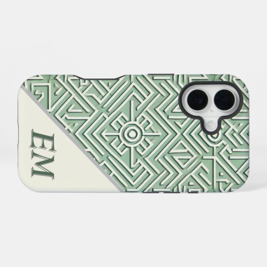 セージグモダンリーンとクリーム幾何学模様 iPhone 16ケース (裏面横)