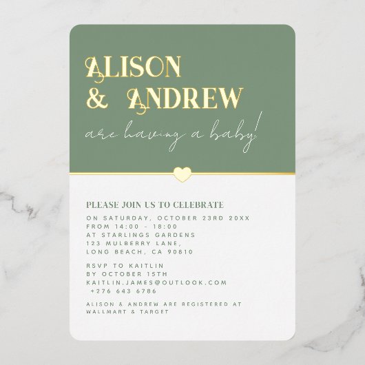 セージグモダンリーンと金ゴールドカップルの赤ちゃんシャワー 箔招待状 (正面)