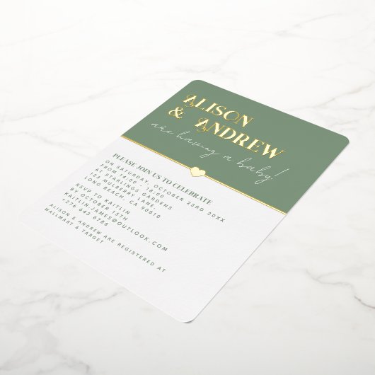 セージグモダンリーンと金ゴールドカップルの赤ちゃんシャワー 箔招待状 (回転した状態)