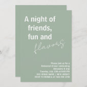 セージグリーンおもしろい友達の夜リハーサルディナー 招待状 (正面/裏面)