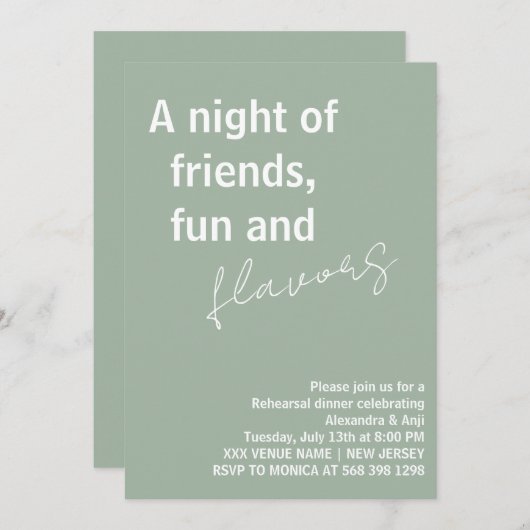 セージグリーンおもしろい友達の夜リハーサルディナー 招待状 (正面/裏面)