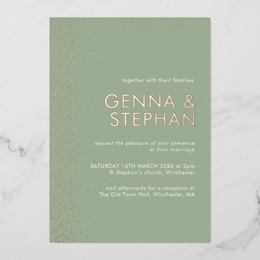 セージグリーンきらめく結婚式招待状カード 箔招待状 (正面)