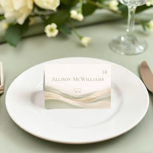 セージグリーンとアイボリーの結婚式プレイスカード - 豚肉 テーブルナンバー