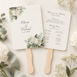 セージグリーンとアイボリーの花の結婚式プログラム ハンドファン