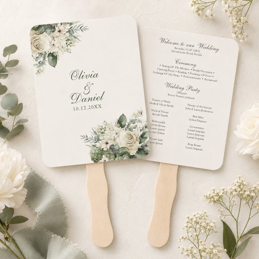 セージグリーンとアイボリーの花の結婚式プログラム ハンドファン