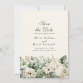 セージグリーンとアイボリーの花の結婚式事前案内カード セーブザデート (正面)