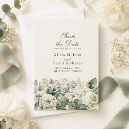 セージグリーンとアイボリーの花の結婚式事前案内カード セーブザデート