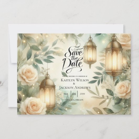 セージグリーンとアイボリーローズのランタン Save the Date セーブザデート (正面)