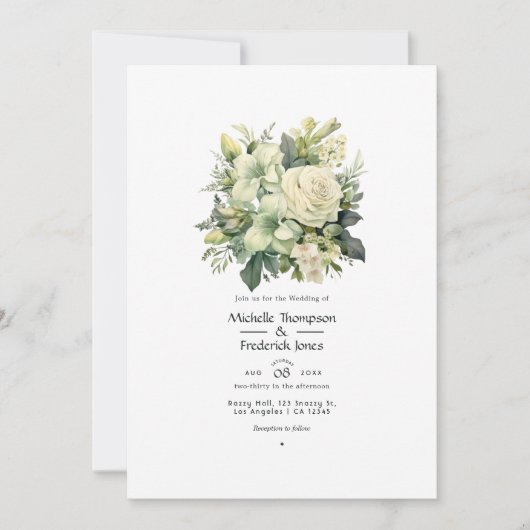 セージグリーンとアイボリー結婚フローラ 招待状 (正面)