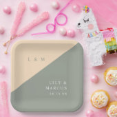 セージグリーンとクリームのミニマルモノグラムウェディング ペーパープレート (パーティー)