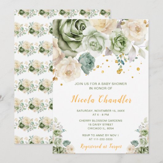 セージグリーンとクリームの花のベイビーシャワー 招待状 (正面/裏面)