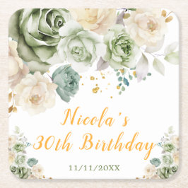 セージグリーンとクリーム色の花柄の誕生日パーティー スクエアペーパーコースター
