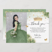 セージグリーンとゴールドのキンセアニエラの誕生日写真 サンキューカード (正面/裏面)