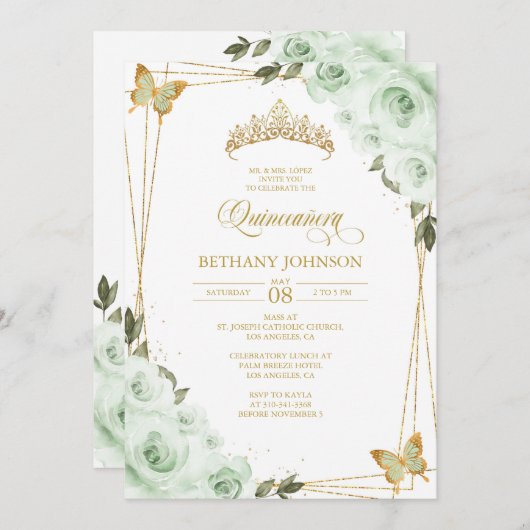 セージグリーンとゴールドのキンセアニエラ招待状 招待状 (正面/裏面)