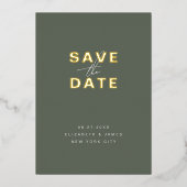 セージグリーンとゴールドのミニマルな結婚式のSave The Date 箔招待状 (正面)