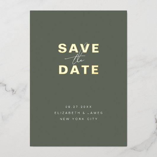 セージグリーンとゴールドのミニマルな結婚式のSave The Date 箔招待状 (正面)
