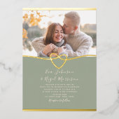 セージグリーンとゴールドの結婚式 箔招待状 (正面)