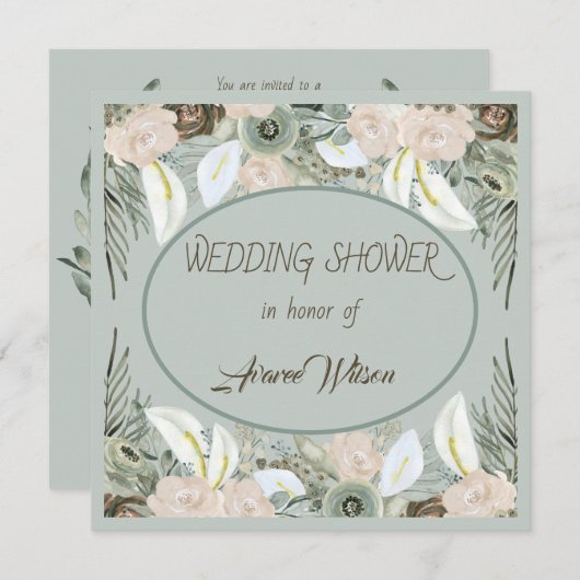 セージグリーンとバニラクリームのシャワープレゼント 招待状 (正面/裏面)