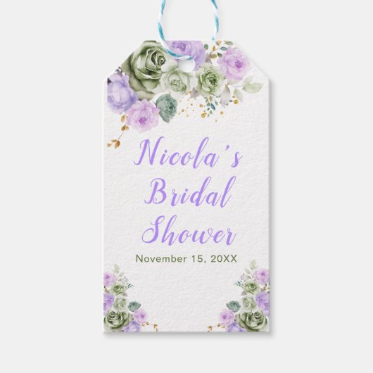 セージグリーンとパープルの花のブライダルシャワー ギフトタグ (正面)