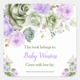 セージグリーンとパープルの花のベビーシャワー ブックプレート スクエアシール