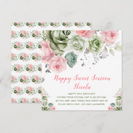 セージグリーンとピンクのフローラSweet sixteen カード