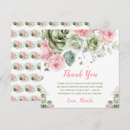 セージグリーンとピンクのフローラSweet sixteen サンキューカード