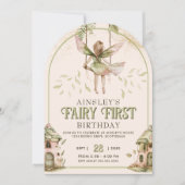 セージグリーンとピンクの妖精の最初のアーチ1誕生日 招待状 (正面)