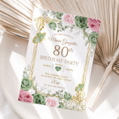 セージグリーンとピンクフローラバタフライ80誕生日 招待状