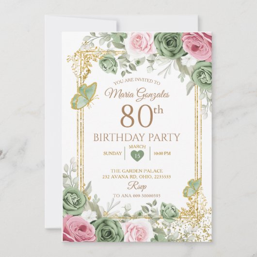 セージグリーンとピンクフローラバタフライ80誕生日 招待状 (正面)