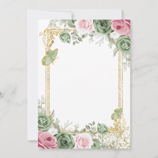 セージグリーンとピンクフローラバタフライ80誕生日 招待状 (裏面)