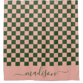 セージグリーンとピンク市松模様にの美美 シャワーカーテン (正面)