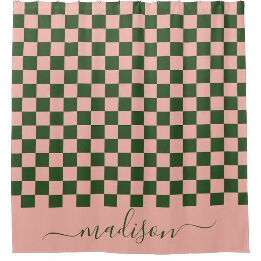 セージグリーンとピンク市松模様にの美美 シャワーカーテン (正面)