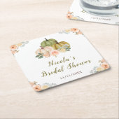 セージグリーンとピーチの花のカボチャのブライダルシャワー スクエアペーパーコースター (アングル)