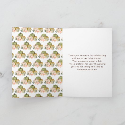 セージグリーンとピーチの花のカボチャのベイビーシャワー サンキューカード (内部)