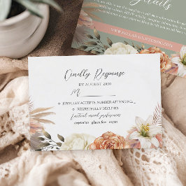 セージグリーンとピーチの花の結婚式RSVPカード 出欠カード