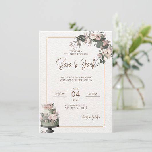 セージグリーンとブッシュピンクの花柄結婚式招待状 セーブザデート (スタンド正面)