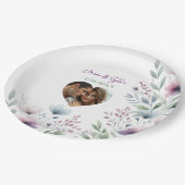 セージグリーンとプラムパープルのボタニカルウェディング ペーパープレート (アングル)