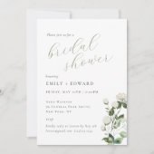 セージグリーンとホワイトの花柄 ブライダルシャワー 招待状 (正面)
