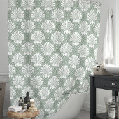 セージグリーンとホワイトの貝殻 コーストスタイル シャワーカーテン