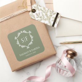 セージグリーンとホワイトクレストモノグラム結婚ズ スクエアシール