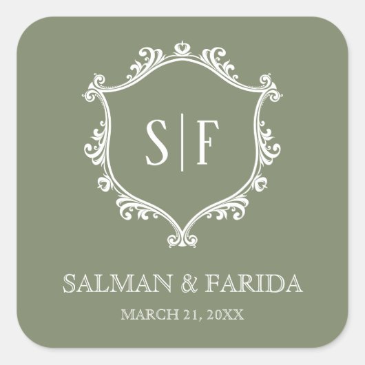 セージグリーンとホワイトクレストモノグラム結婚ズ スクエアシール (正面)