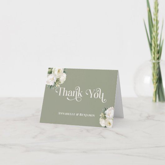 セージグリーンとホワイトフローラ結婚ズ詳細 サンキューカード (正面)