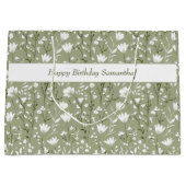 セージグリーンとホワイトフローラ誕生日 ラージペーパーバッグ (正面)