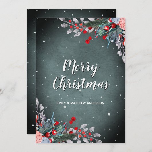 セージグリーンと赤の冬の葉のホリデーグリーティング シーズンカード (正面/裏面)