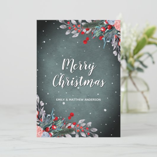 セージグリーンと赤の冬の葉のホリデーグリーティング シーズンカード (スタンド正面)