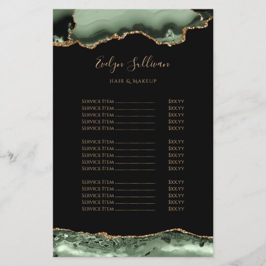 セージグリーンと金ゴールドの価格リストのフライヤー チラシ (正面)