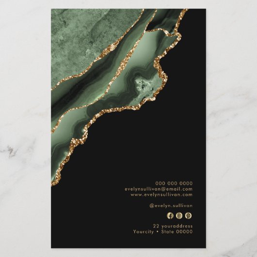 セージグリーンと金ゴールドの価格リストのフライヤー チラシ (裏面)