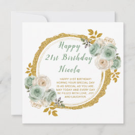 セージグリーンと金ゴールドエレガントフラワーバースデーパーティー カード